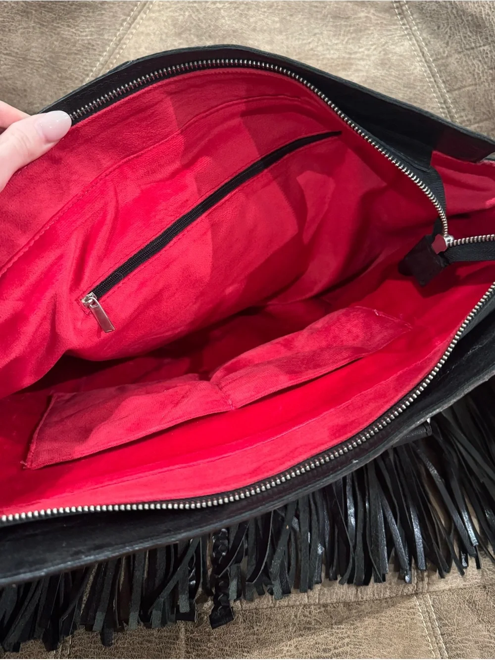 Fringed Western Leather Tote with Turquoise Accent - Black & Brown